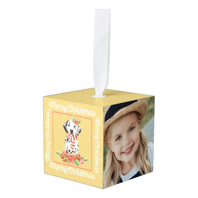 Gold White Damatian Photo Merry Christmas Cube Ornament (Front Angled)