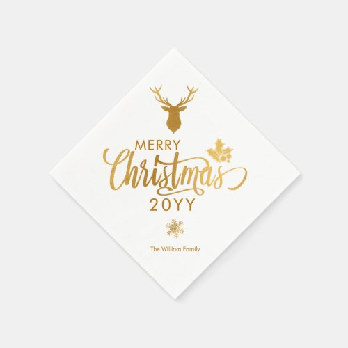 Gold  White Deer Merry Christmas Script Add Name Napkins