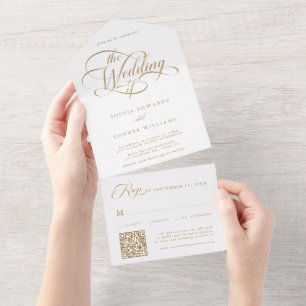 Gold & White Delicate Elegant Script Wedding  All In One Invitation