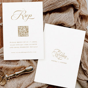 Gold & White Delicate Elegant Script Wedding RSVP Card