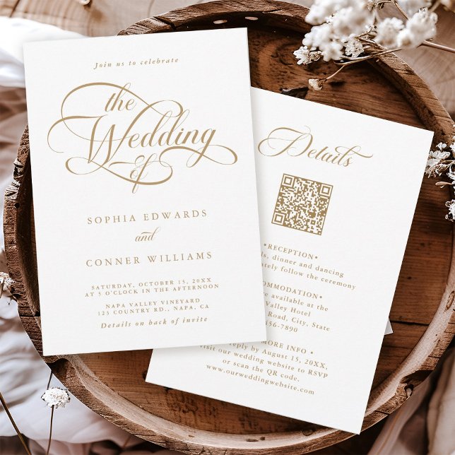 Gold & White Delicate Elegant Wedding All in One Invitation (Front & Back)