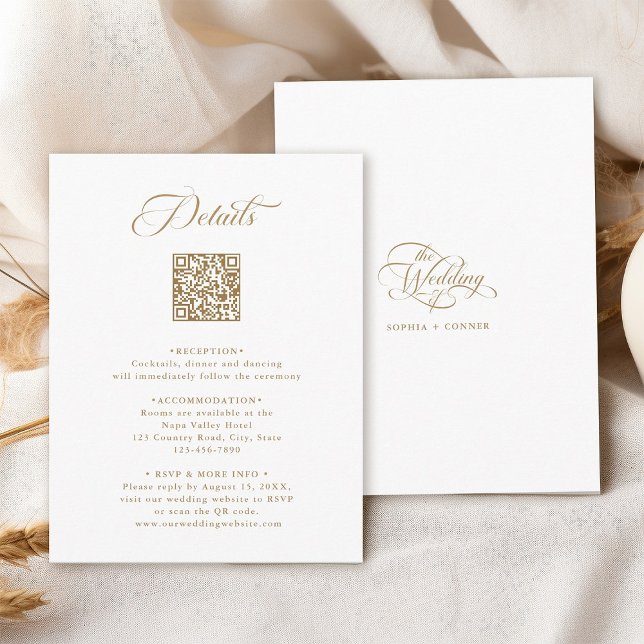 Gold & White Delicate Elegant Wedding Details Enclosure Card (Front & Back)