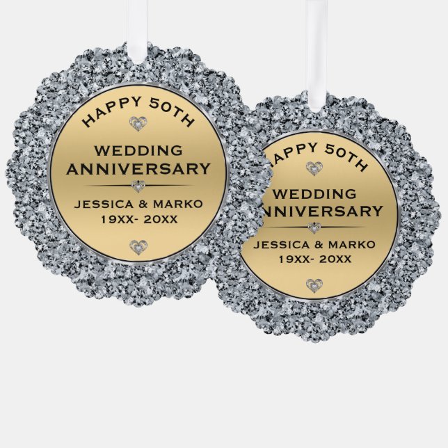 Gold & white diamonds 50th wedding Anniversary Ornament Card (Front/Back)