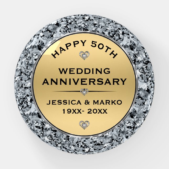 Gold & white diamonds 50th wedding Anniversary Paperweight (Front)
