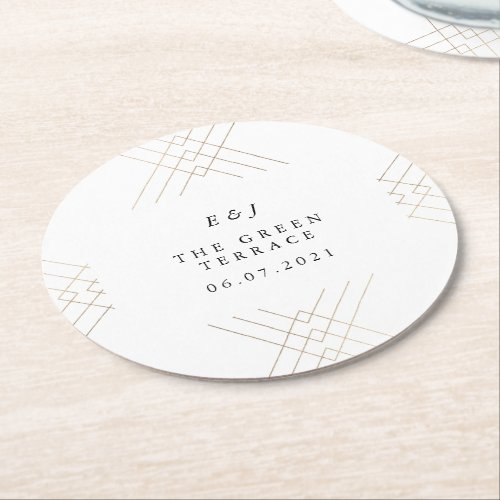 Gold White Elegance Diamond Geo Deco Wedding Round Paper Coaster