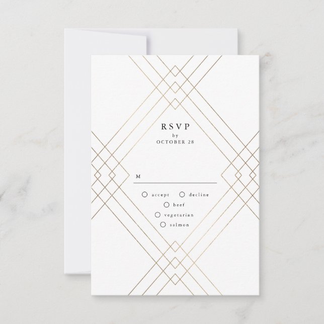 Gold White Elegance Diamond Geo Deco Wedding RSVP Card (Front)