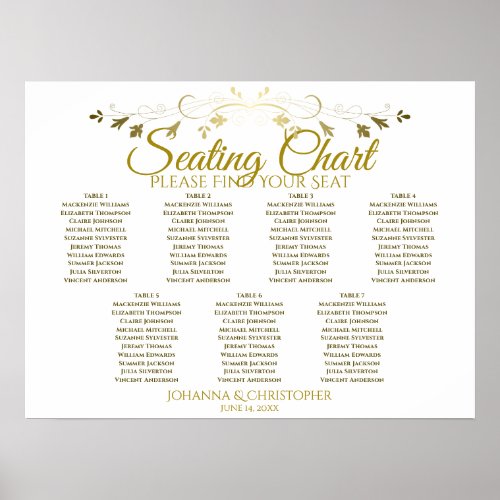 Gold  White Elegant 7 Table Wedding Seating Chart