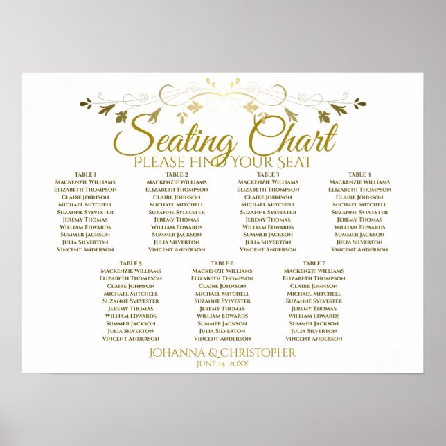 Gold & White Elegant 7 Table Wedding Seating Chart (Front)