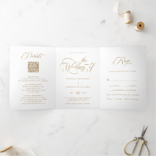 Gold & White Elegant Charm Script Wedding Tri-Fold Invitation