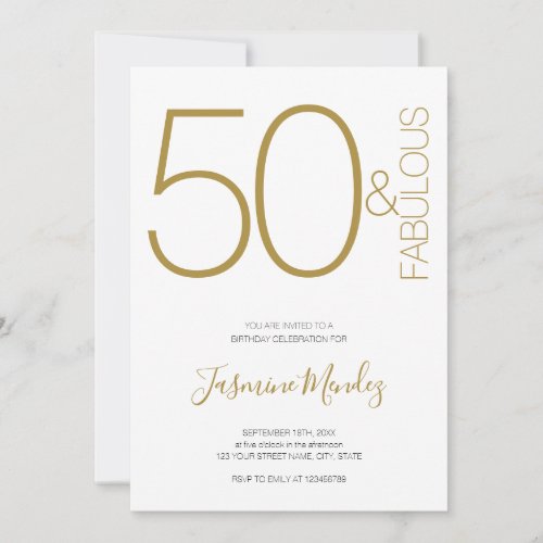 Gold & White Elegant Chick 50 & Fabulous Birthday Invitation