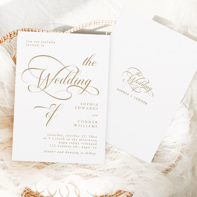 Gold & White Elegant Classy Calligraphy Wedding Invitation (Front & Back)
