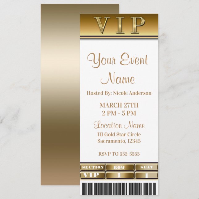 Gold & White Elegant Dinner Party VIP Ticket Invitation (Front/Back)