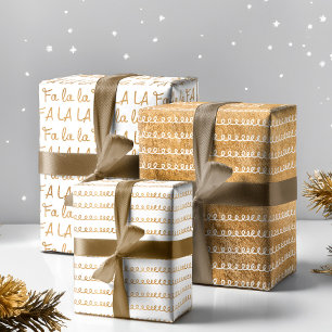 Gold & White Elegant Fa La Typographic Christmas Wrapping Paper Sheets