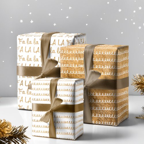 Gold  White Elegant Fa La Typographic Christmas Wrapping Paper Sheets