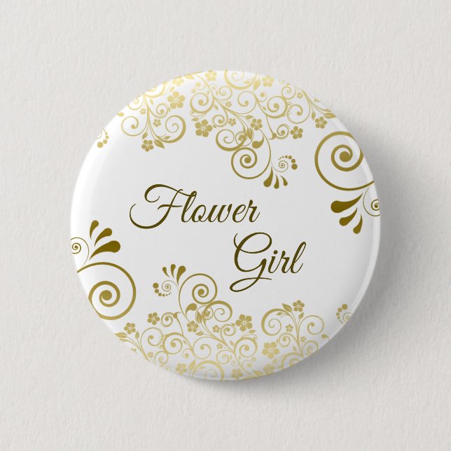 Gold & White Elegant Filigree Flower Girl Wedding Button (Front)