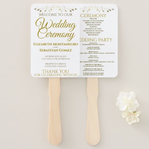 Gold  White Elegant Flourish Wedding Program Hand Fan