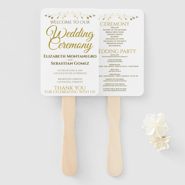 Gold & White Elegant Flourish Wedding Program Hand Fan (Front and Back)