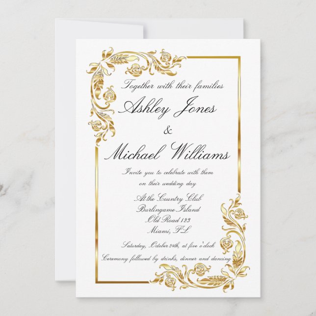Gold White Elegant Glamorous Cordial Wedding Invitation (Front)