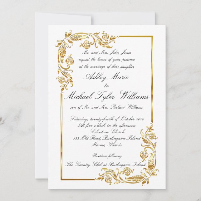 Gold White Elegant Glamorous Formal Wedding Invitation (Front)