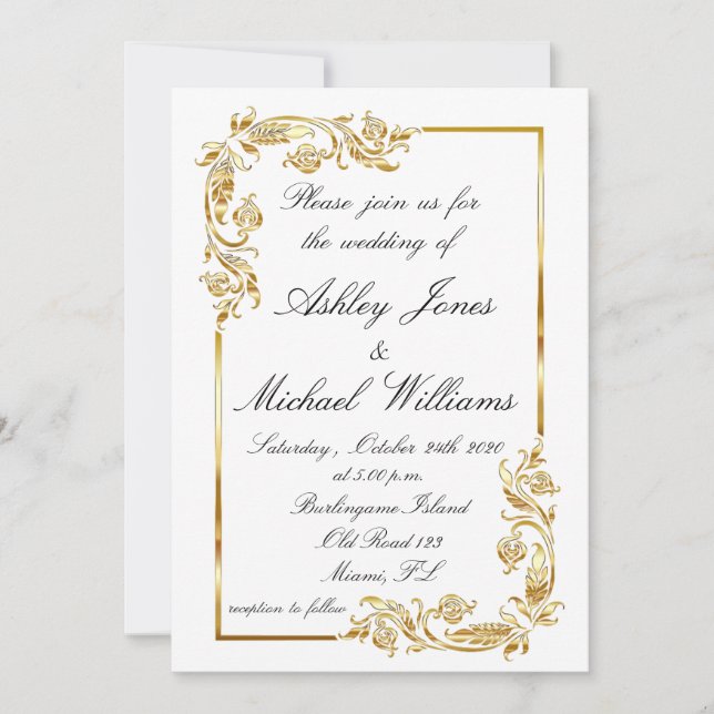 Gold  White Elegant Glamorous Informal Wedding Invitation (Front)