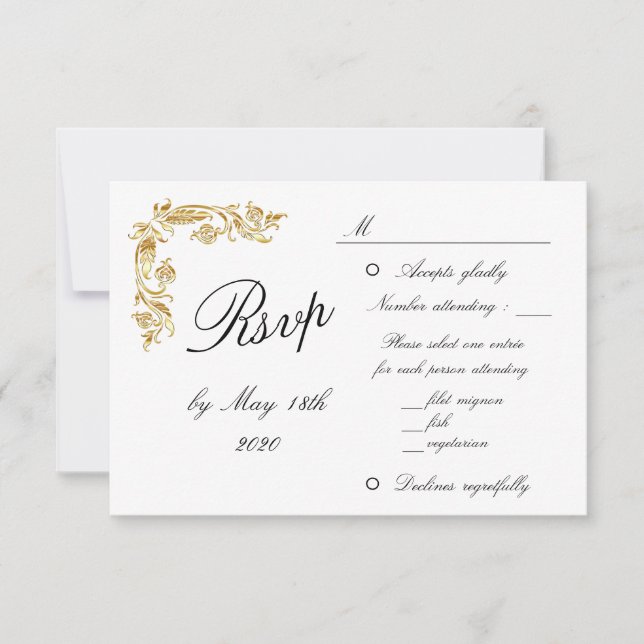 Gold White Elegant Glamorous Wedding RSVP Card (Front)