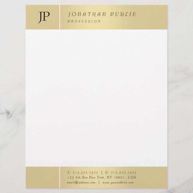 Gold White Elegant Monogrammed Modern Template Letterhead (Front)