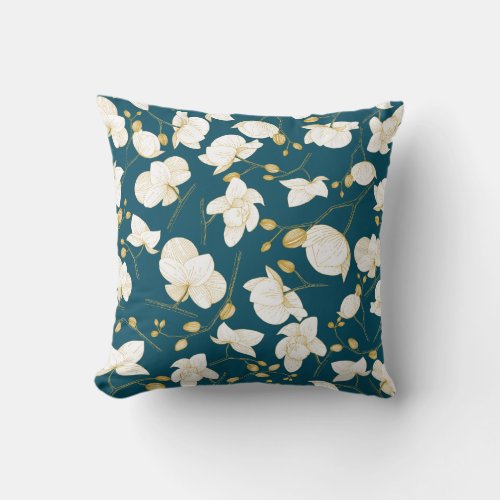 Gold  white elegant orchid floral modern blue throw pillow