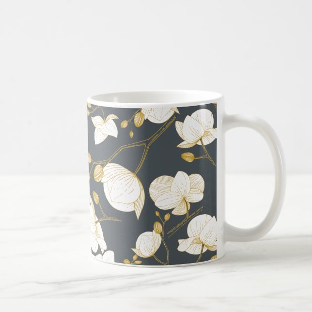 Gold & white elegant orchid floral modern grey coffee mug (Right)