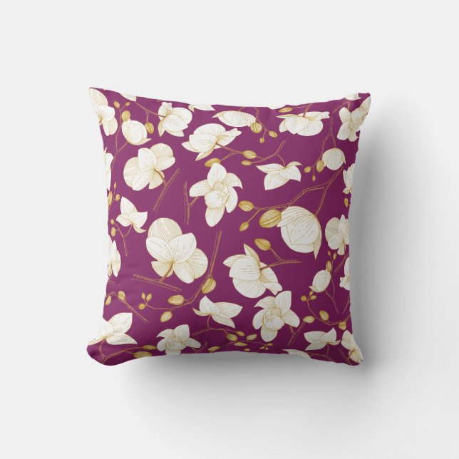 Gold & white elegant orchid floral modern throw pillow (Front)