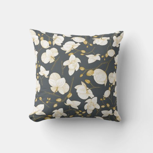 Gold  white elegant orchid floral modern throw pillow