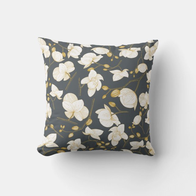 Gold & white elegant orchid floral modern throw pillow (Front)
