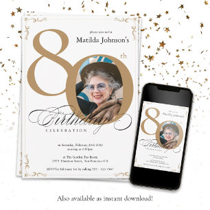 Gold White Elegant Photo 80th Birthday Party Invitation
