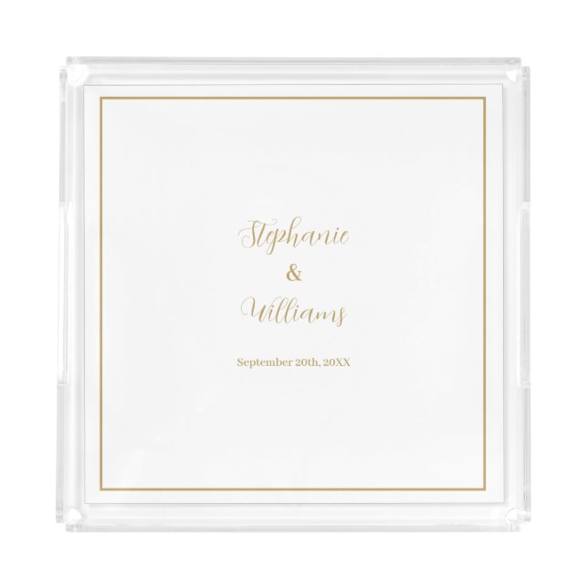 Gold White Elegant Simple Name Wedding Gift Favor Acrylic Tray (Front)
