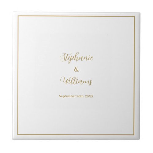Gold White Elegant Simple Name Wedding Gift Favor Ceramic Tile