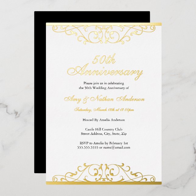 Gold White Elegant Swirl 50th Wedding Anniversary  Foil Invitation (Front/Back)