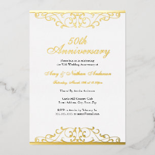Gold White Elegant Swirl 50th Wedding Anniversary  Foil Invitation