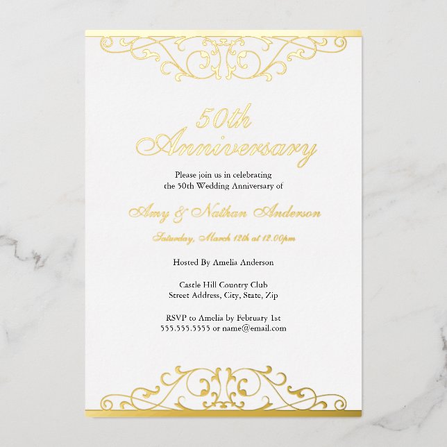 Gold White Elegant Swirl 50th Wedding Anniversary  Foil Invitation (Front)