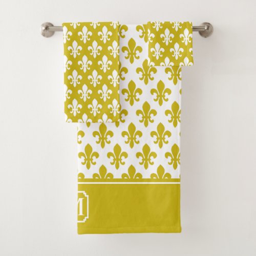 Gold White Fleur De Lis Pattern Monogram Bath Towel Set