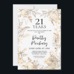 Gold White Floral 21st Birthday Party Invitation<br><div class="desc">Elegant gold line art roses and leaves surround your 21st birthday party details.</div>