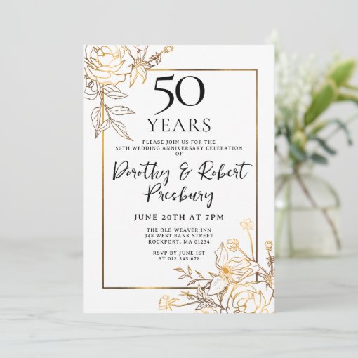 Gold White Floral 50th Anniversary Invitation | Zazzle