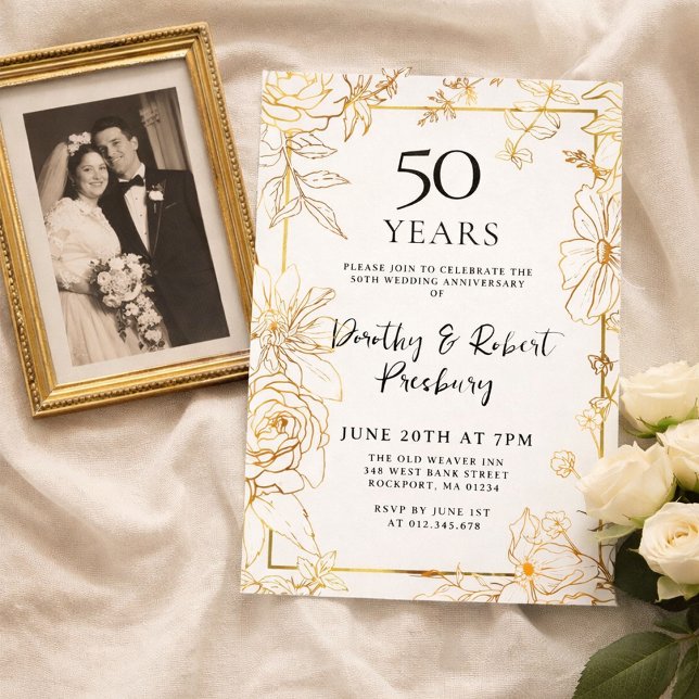 Gold White Floral 50th Anniversary Invitation (Creator Uploaded)
