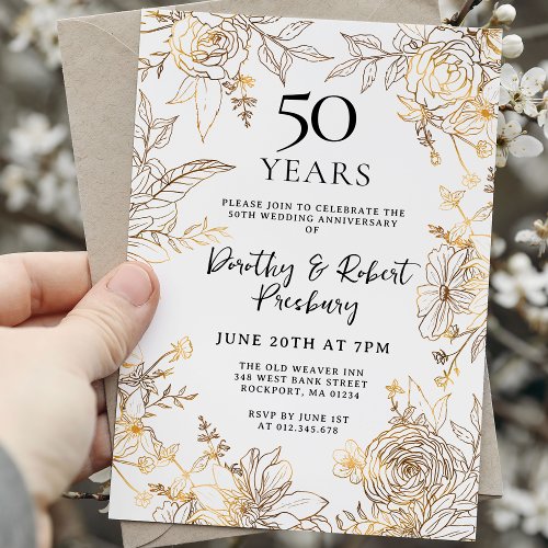 Gold White Floral 50th Anniversary Invitation