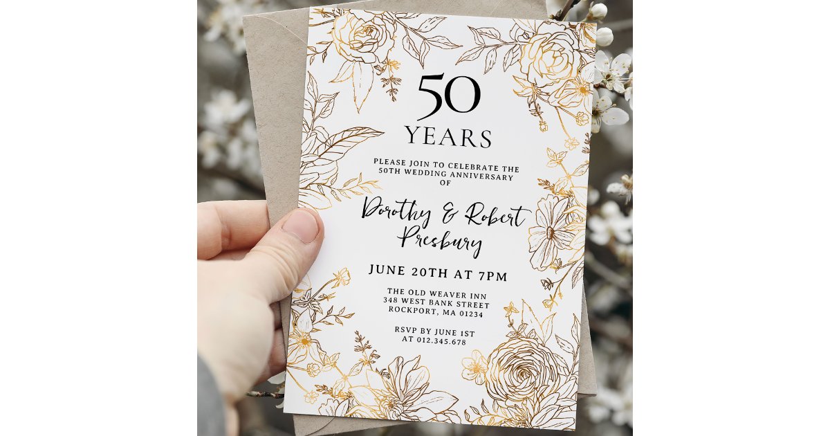 Gold White Floral 50th Anniversary Invitation | Zazzle