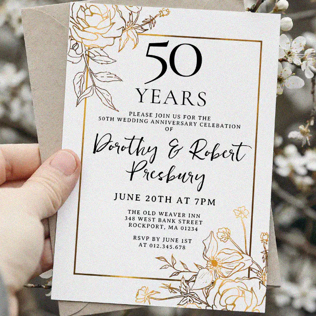 Gold White Floral 50th Anniversary Invitation | Zazzle