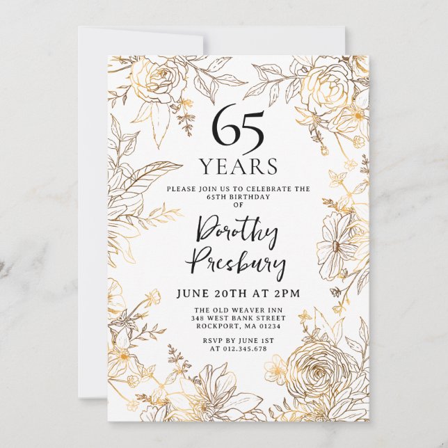 Gold White Floral 65th Birthday Party Invitation (Front)