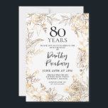 Gold White Floral 80th Birthday Party Invitation<br><div class="desc">Elegant gold line art roses and leaves surround your 80th birthday party details.</div>