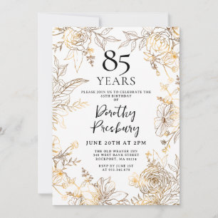 Gold White Floral 85th Birthday Party Invitation