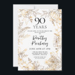 Gold White Floral 90th Birthday Party Invitation<br><div class="desc">Elegant gold line art roses and leaves surround your 90th birthday party details.</div>