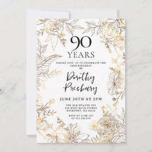 Gold White Floral 90th Birthday Party Invitation
