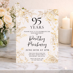 Gold White Floral 95th Birthday Party Invitation